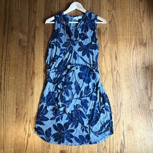 LOFT Gray Navy Floral Split Neck Tie Waist Dress